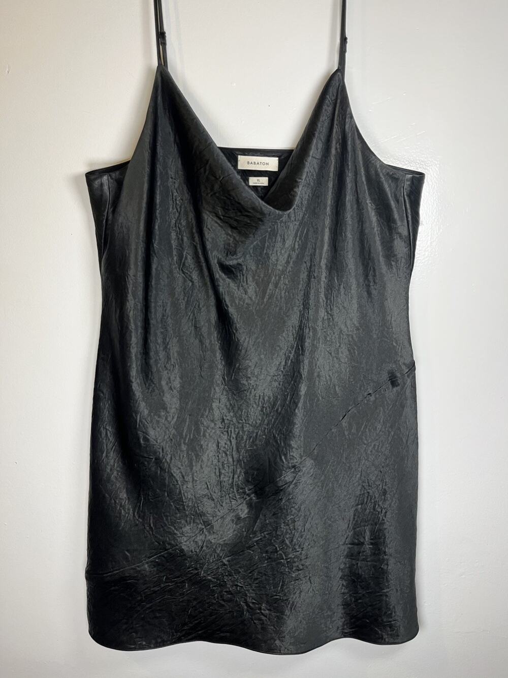 Babaton Aritzia Satin Mini Dress Black Cowl Neck Slip Dress Sleeveless Sz XL LBD